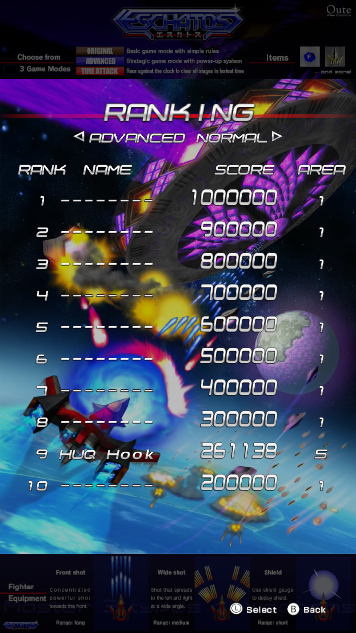 Screenshot: Eschatos local leaderboards of Advanced mode on Normal difficulty, showing HUQ at 9th place with a score of 261 138